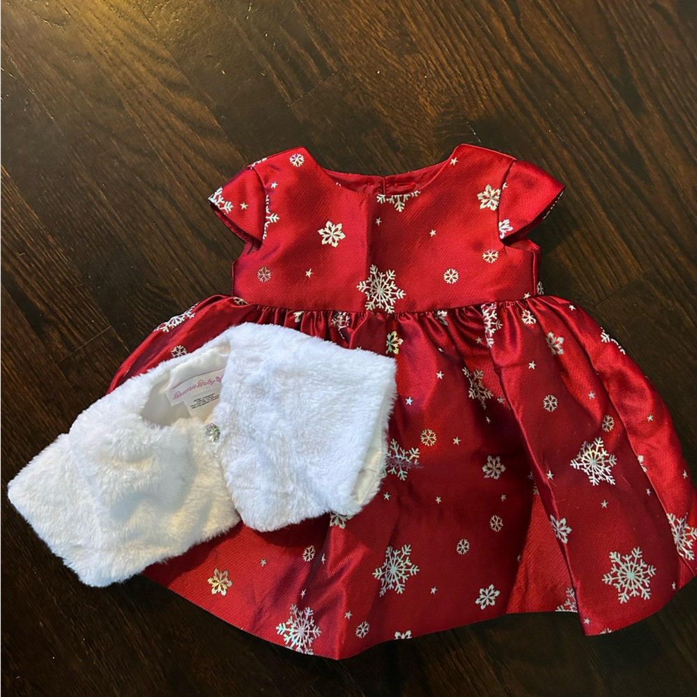 Bonnie Baby Red Snowflake Dress with White Fur Bolero
